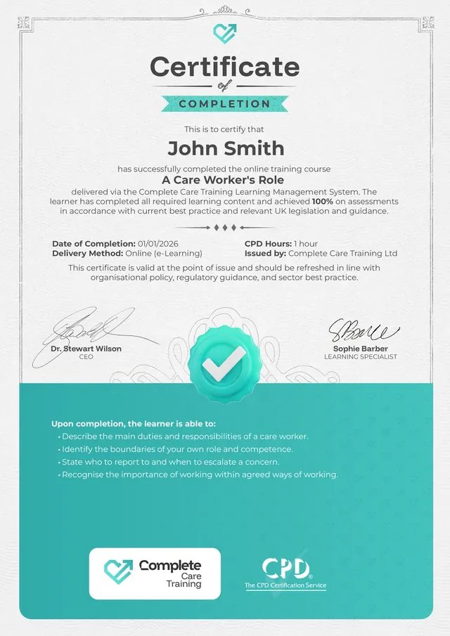 Example CPD certificate in a frame